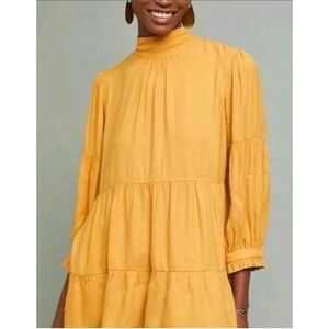 Anthropologie Maeve Goldie High Neck Tiered Flowy Blouse Sz Small Marigold READ